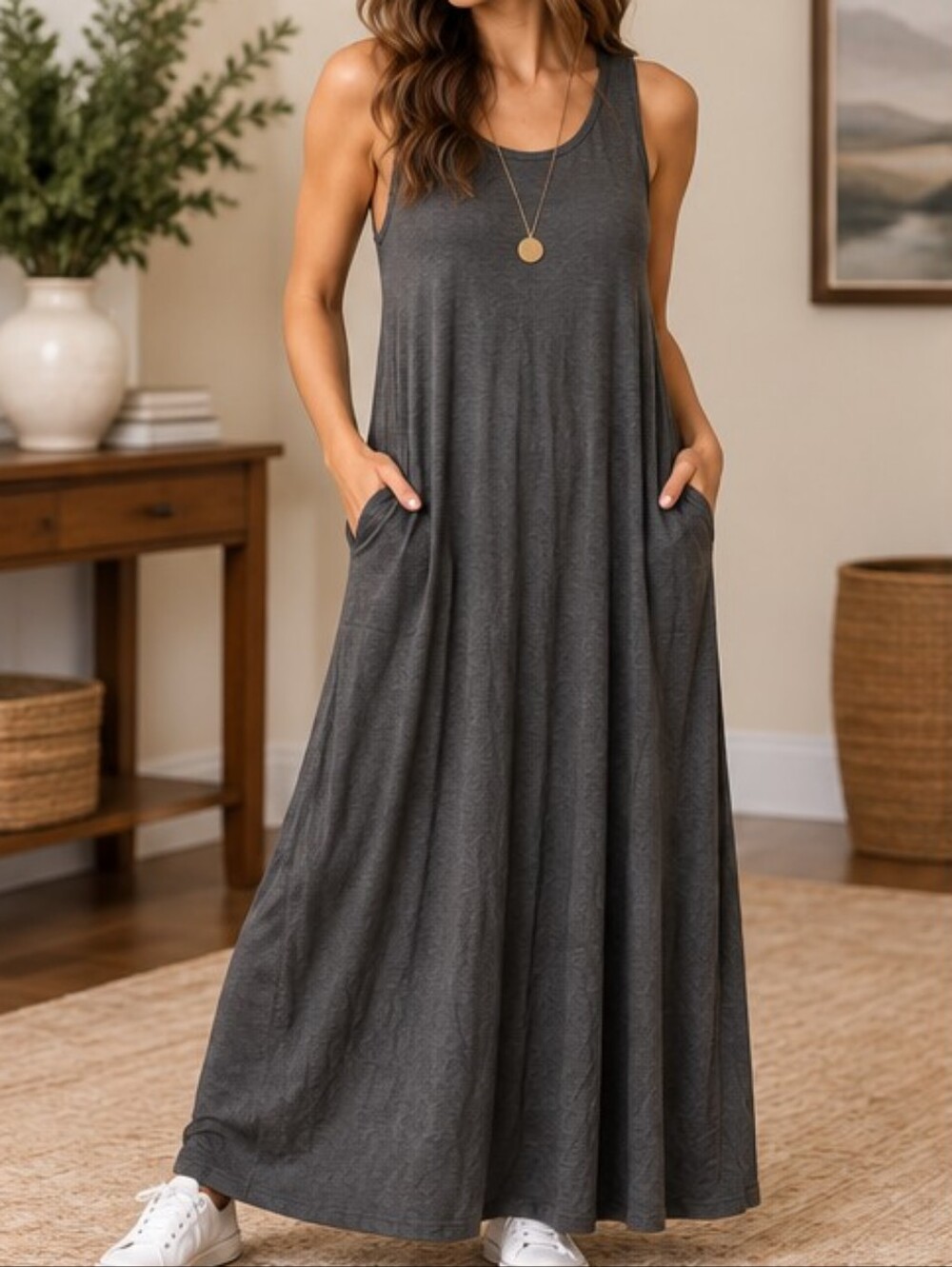 Mod Ref Charcoal Gray T-Shirt Maxi Swing Dress Size Small Pockets